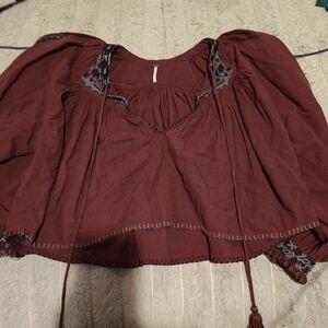 Free People Burgundy Embroidered Crop Top